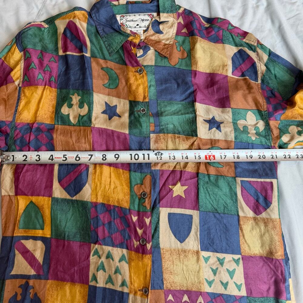 Vintage Jonathan Martin Patchwork Silk Button Front Blouse Women's M Long Sleeve - Picture 6 of 8